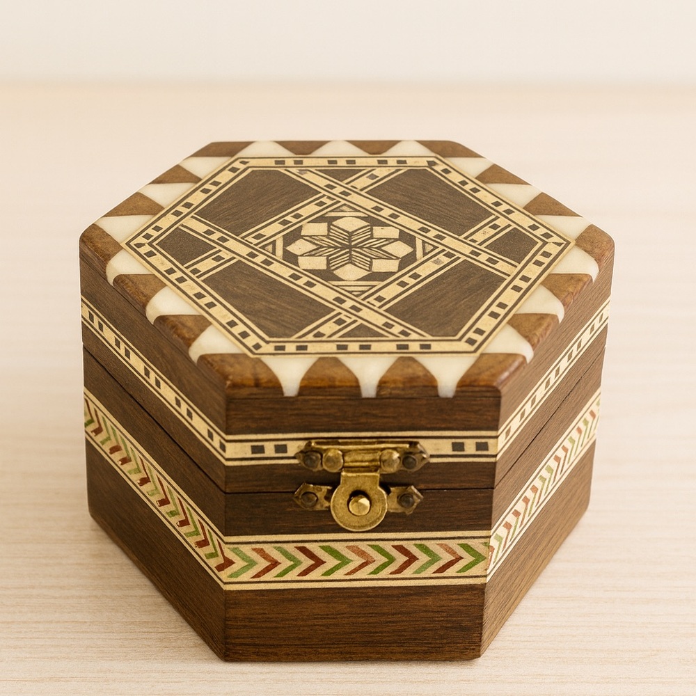 Intricate Wooden Jewelry Box with Gold Accents